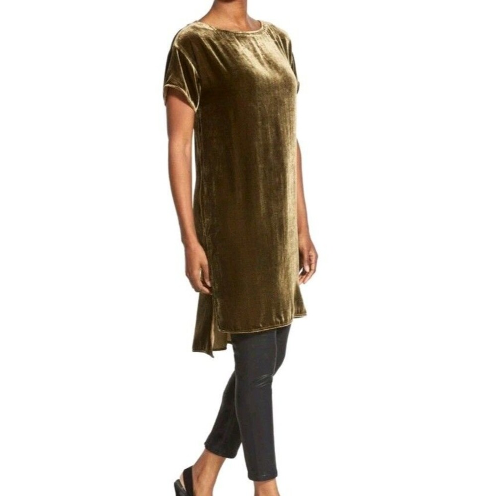 Eileen Fisher Serpentine Velvet Dress Size XXS Bronze-Brown Bateau Neck
